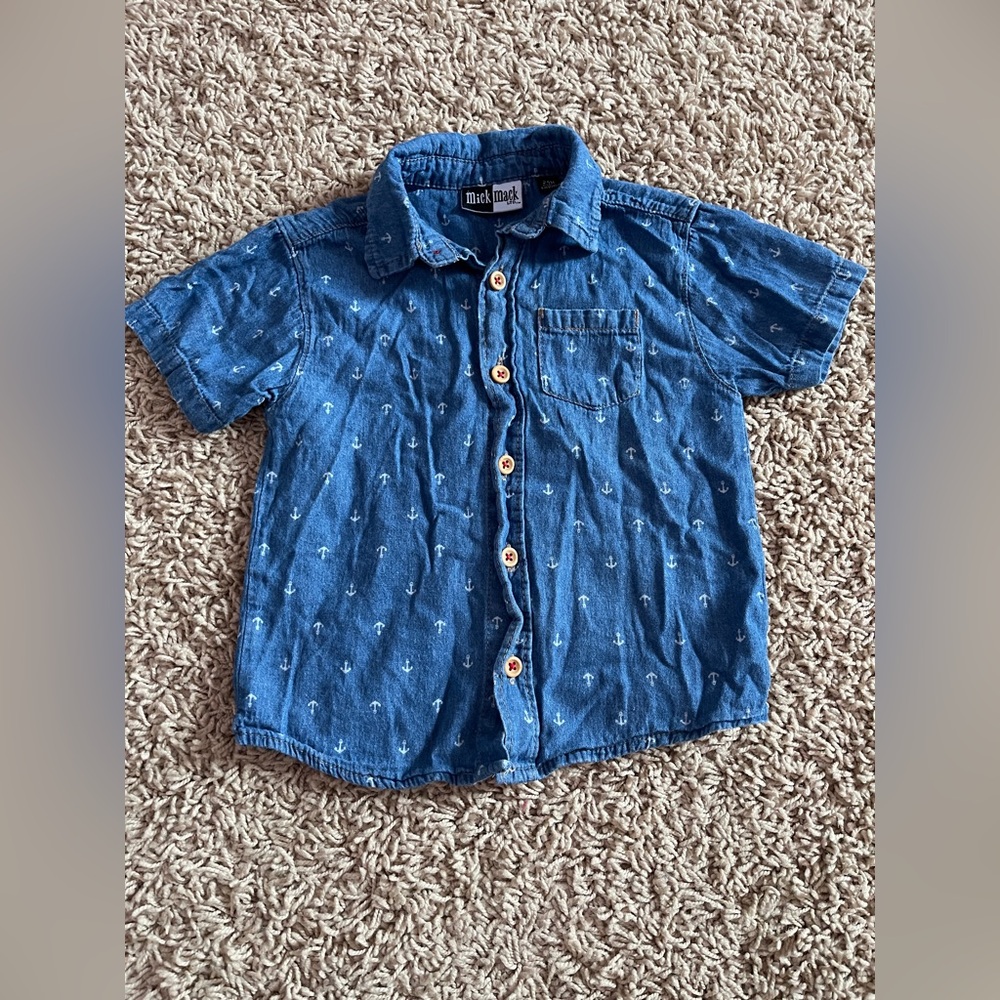 Mick Mack Boys Button-Up Denim Shirt 24M Anchor Print Short Sleeve